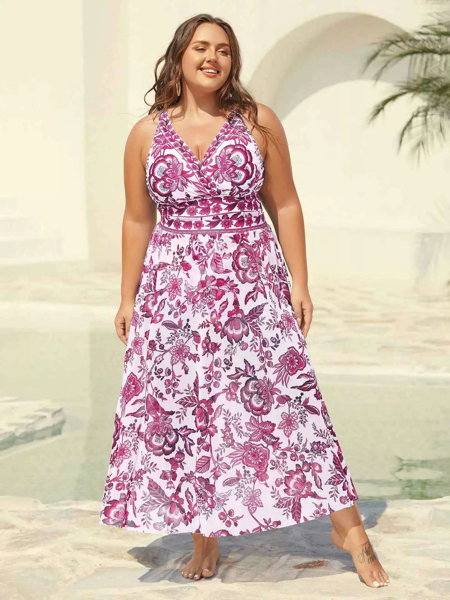 Two-Piece Floral Ruched Mesh One-Piece Swimsuit & Sarong Set