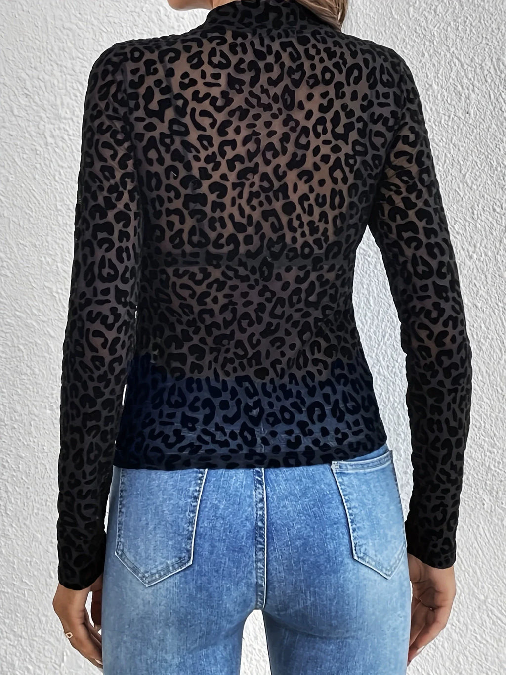 Leopard Mesh Mock Neck Top